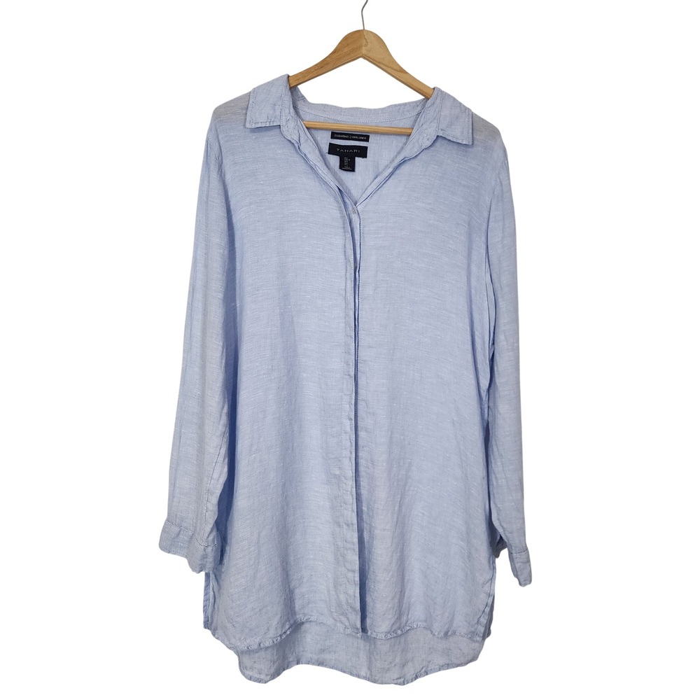 Tahari Essentials 100% Linen Button Front Tunic Blouse Light Blue Large roll tab